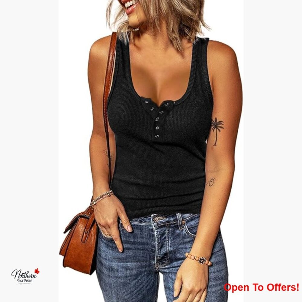 Ribbed Scoop Neck Tank Top with Button Placket Slim Fit